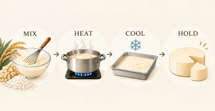 Heat and cooling process for rice-based cheese technology